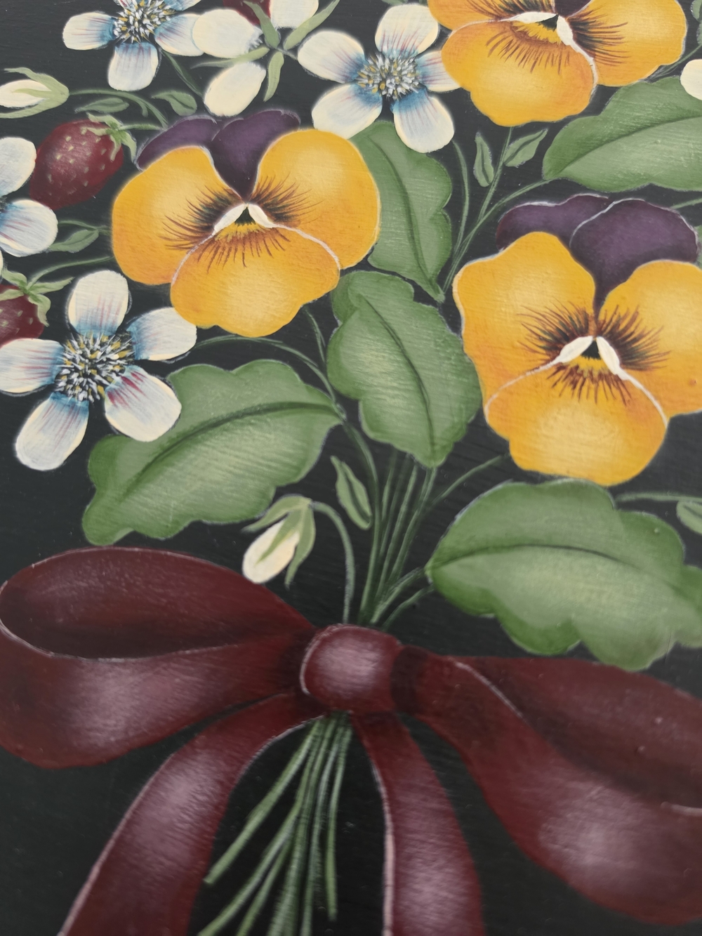 Vintage Moody Dark Green Floral Bouquet Wall Art with Yellow Pansies and Red Bow - Picture 7 of 12